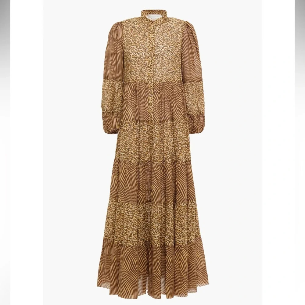 Zimmerman Empire Tiered Dress in Spliced Animal Print in Brown Maxi Dress Size 0 - Picture 5 of 13